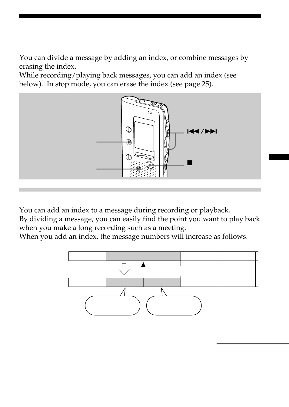 Dividing a message into two/combining messages, Index function, Dividing a message by adding an index | Sony ICD-B10 User Manual | Page 23 / 48