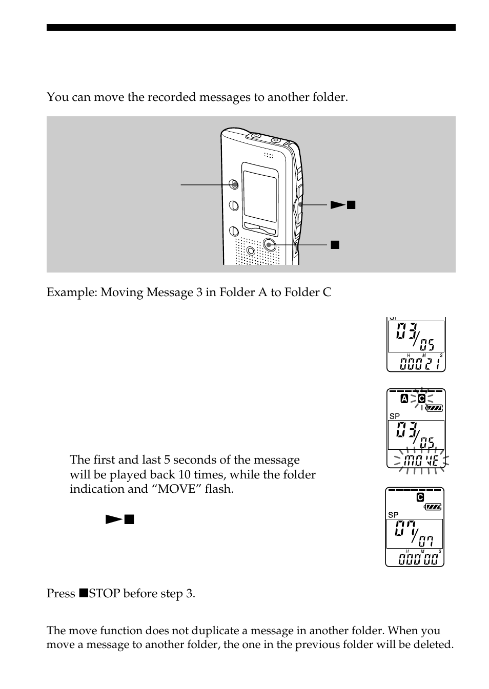 Moving messages to a different folder, Move function | Sony ICD-B10 User Manual | Page 26 / 48