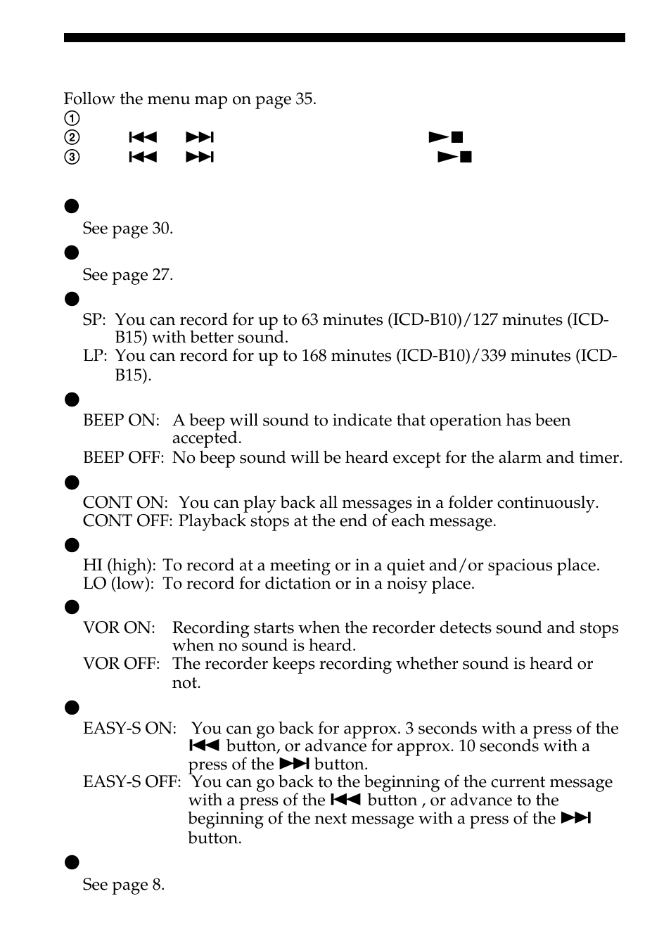 Changing the settings | Sony ICD-B10 User Manual | Page 36 / 48