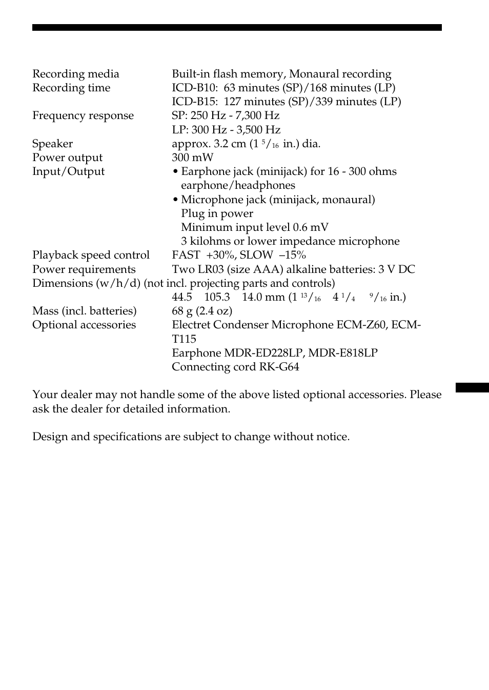 Specifications, Additional information | Sony ICD-B10 User Manual | Page 45 / 48