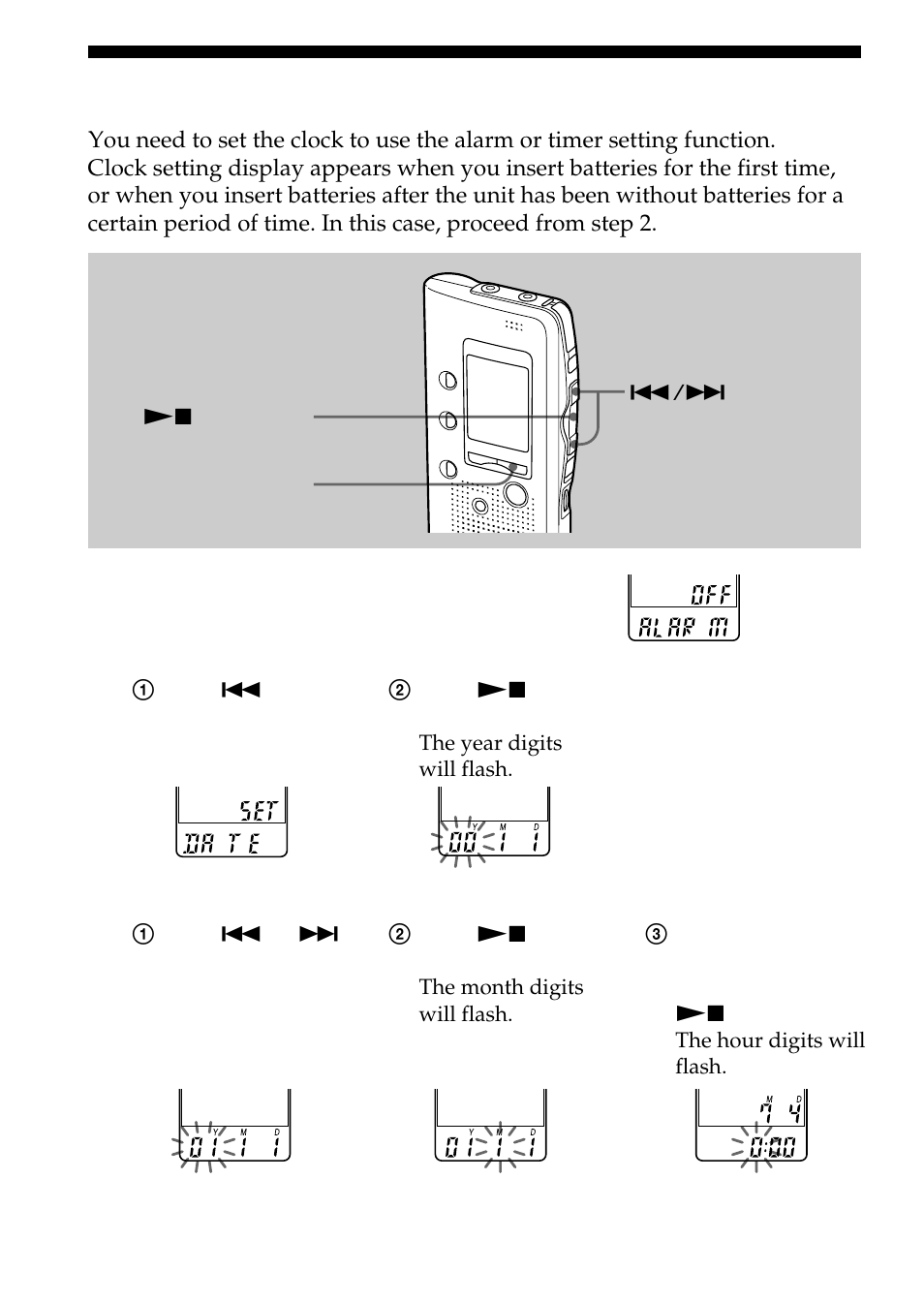 Step 2: setting the clock | Sony ICD-B10 User Manual | Page 8 / 48