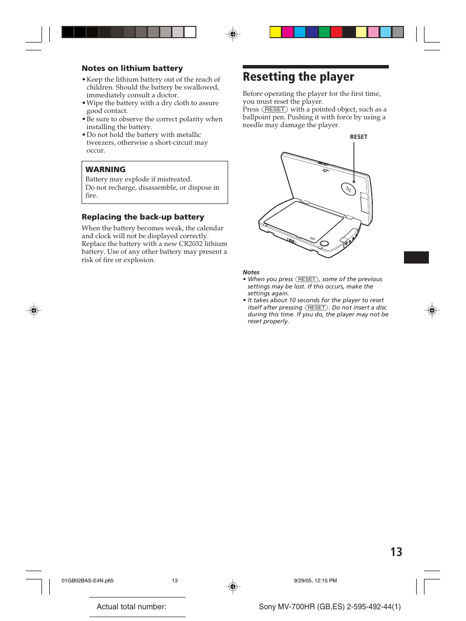 Resetting the player | Sony Model MV-700HR User Manual | Page 13 / 96