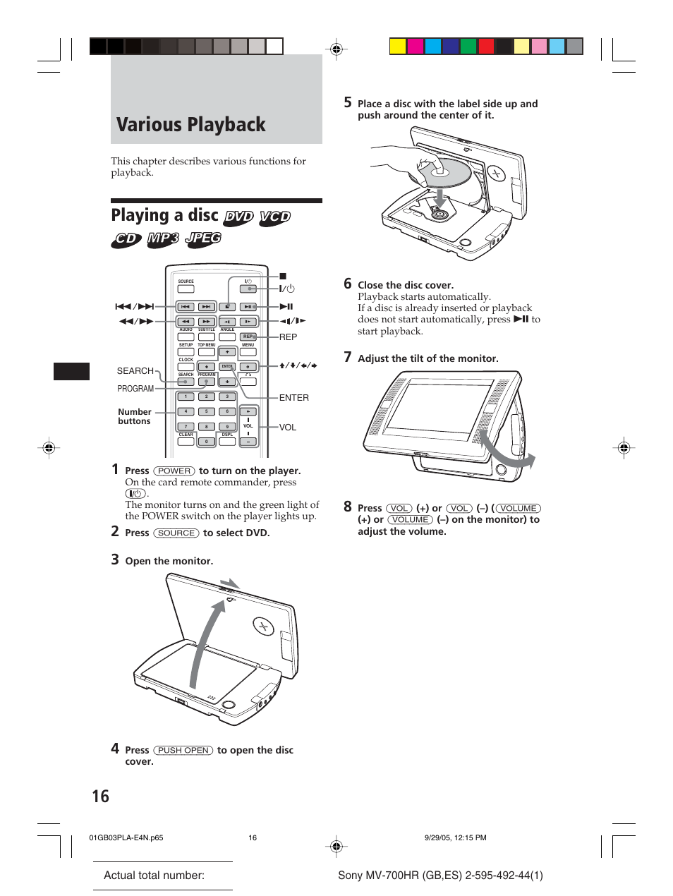Various playback, Playing a disc | Sony Model MV-700HR User Manual | Page 16 / 96