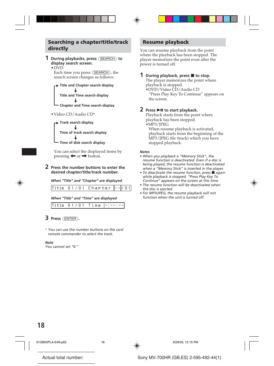 Searching a chapter/title/track directly, Resume playback | Sony Model MV-700HR User Manual | Page 18 / 96