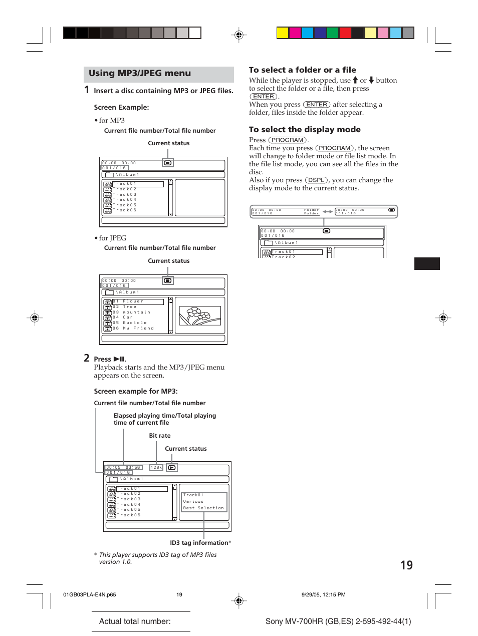 Using mp3/jpeg menu, For jpeg | Sony Model MV-700HR User Manual | Page 19 / 96