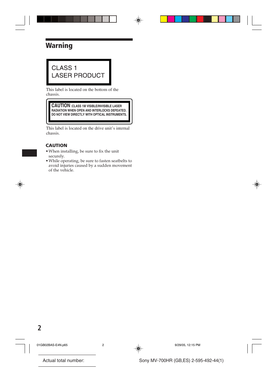 Warning | Sony Model MV-700HR User Manual | Page 2 / 96