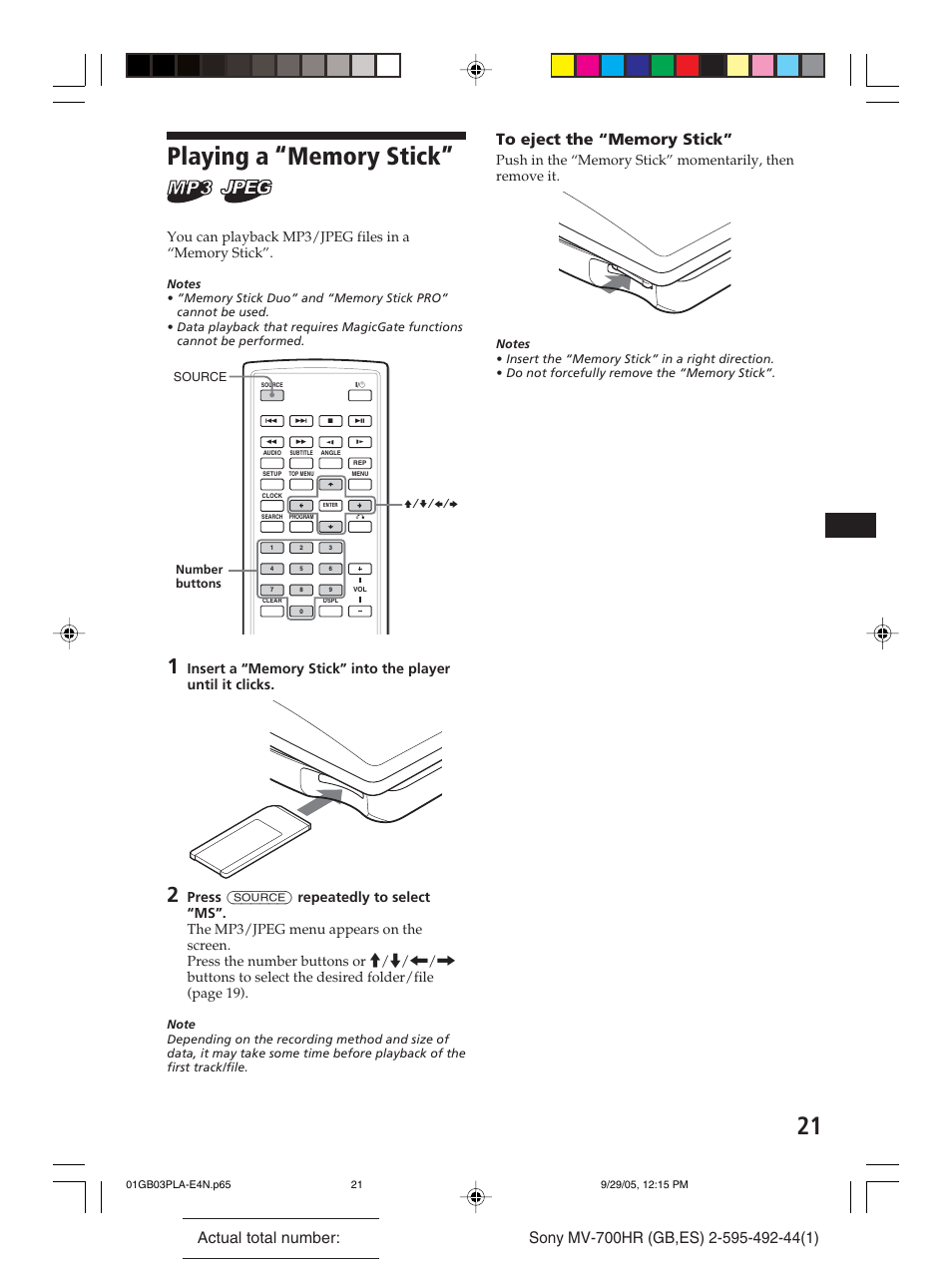 Playing a “memory stick | Sony Model MV-700HR User Manual | Page 21 / 96