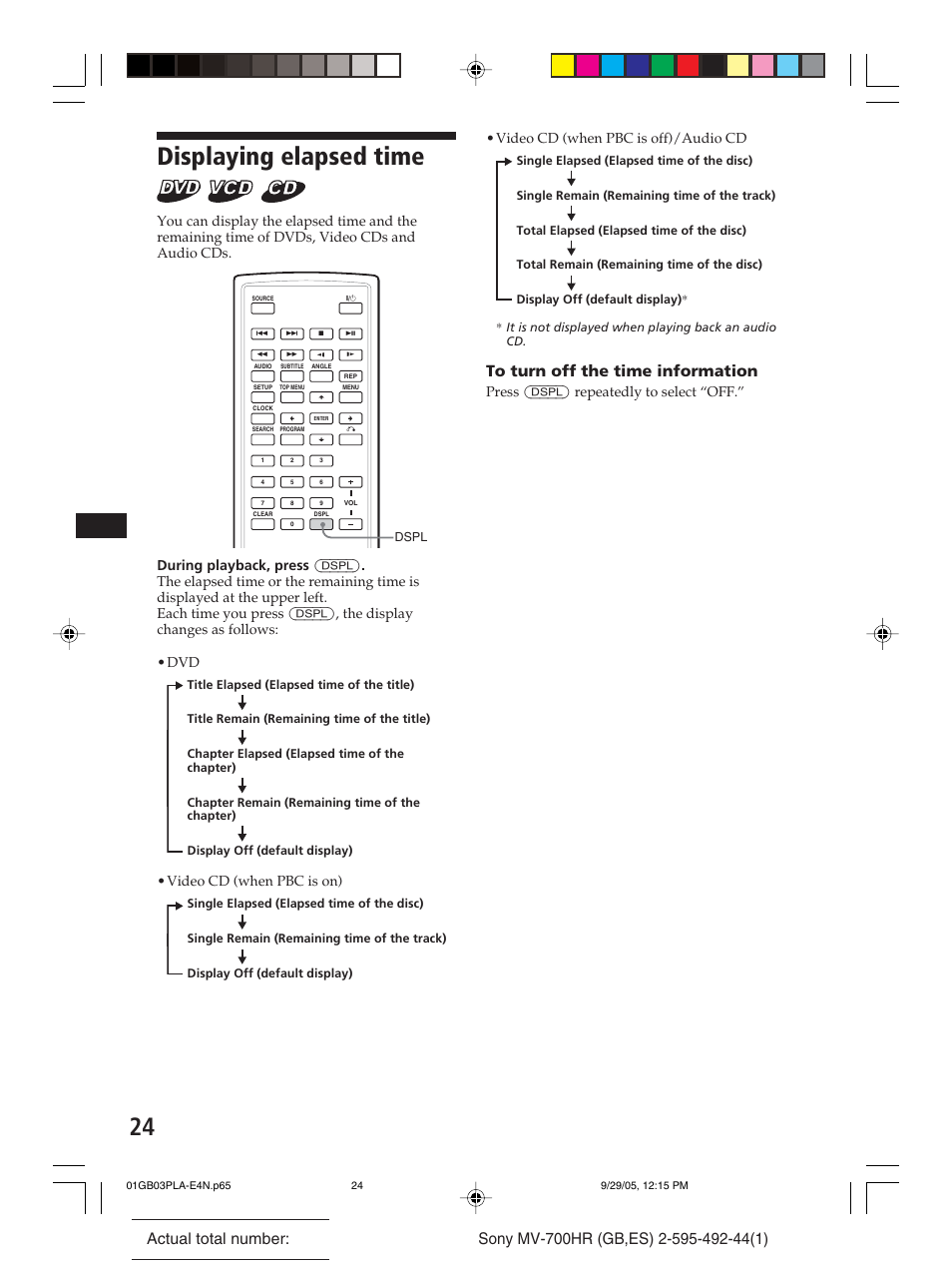 Displaying elapsed time, Video cd (when pbc is off)/audio cd, Press (dspl) repeatedly to select “off | Video cd (when pbc is on) | Sony Model MV-700HR User Manual | Page 24 / 96