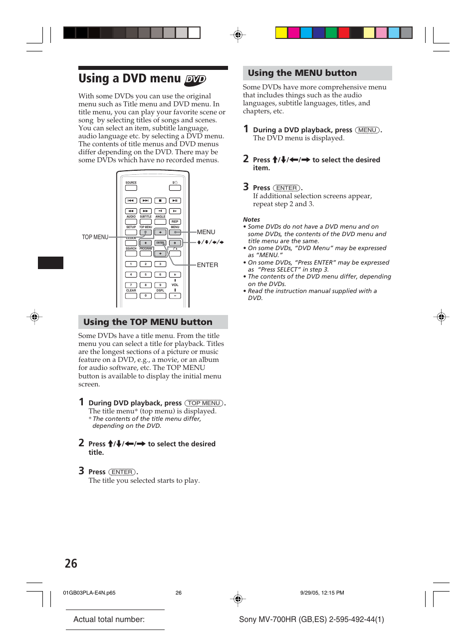 Using a dvd menu, Using the top menu button, Using the menu button | Sony Model MV-700HR User Manual | Page 26 / 96