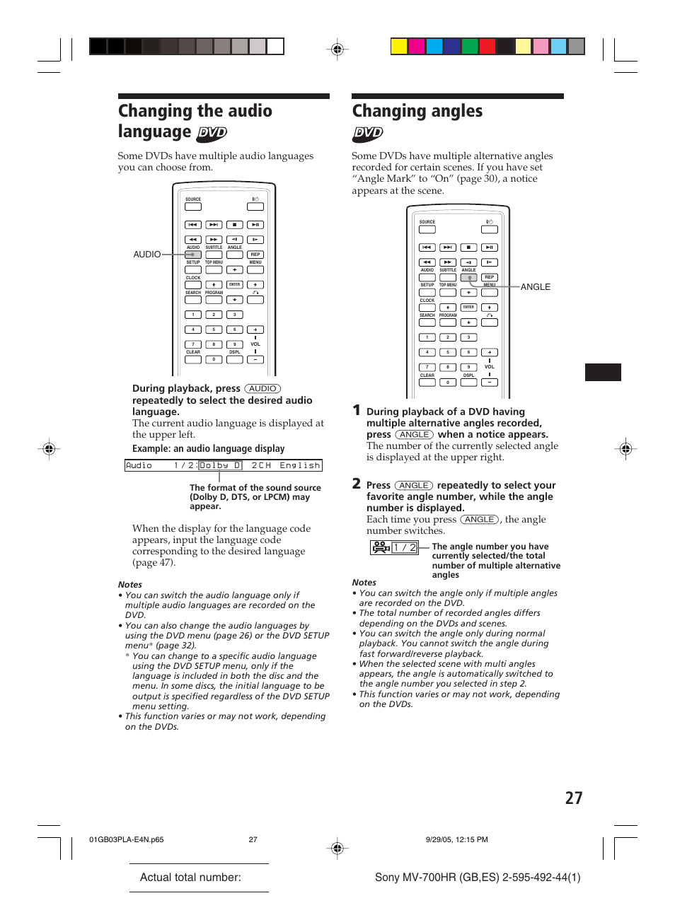 Changing the audio language, Changing angles | Sony Model MV-700HR User Manual | Page 27 / 96