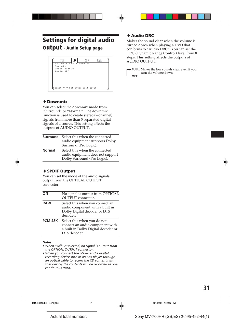Settings for digital audio output | Sony Model MV-700HR User Manual | Page 31 / 96