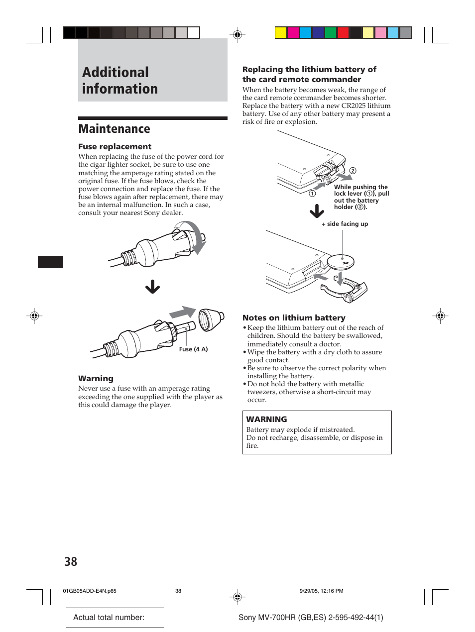 Additional information, Maintenance | Sony Model MV-700HR User Manual | Page 38 / 96