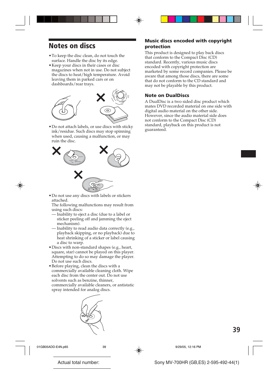 Notes on discs | Sony Model MV-700HR User Manual | Page 39 / 96