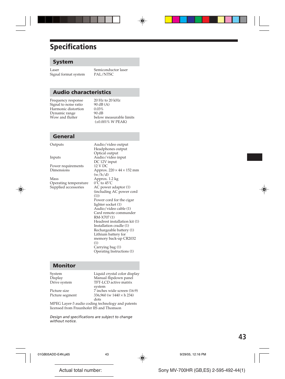 Specifications, System, Audio characteristics | General, Monitor | Sony Model MV-700HR User Manual | Page 43 / 96