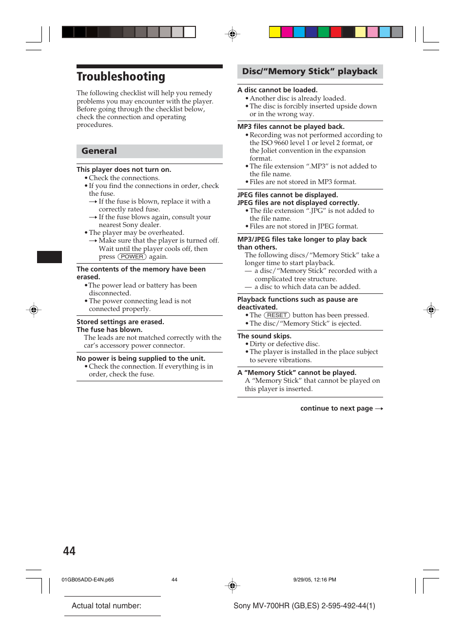 Troubleshooting, General, Disc/“memory stick” playback | Sony Model MV-700HR User Manual | Page 44 / 96