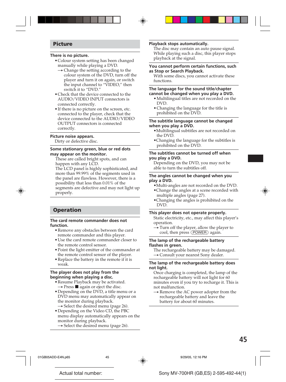 Picture, Operation | Sony Model MV-700HR User Manual | Page 45 / 96