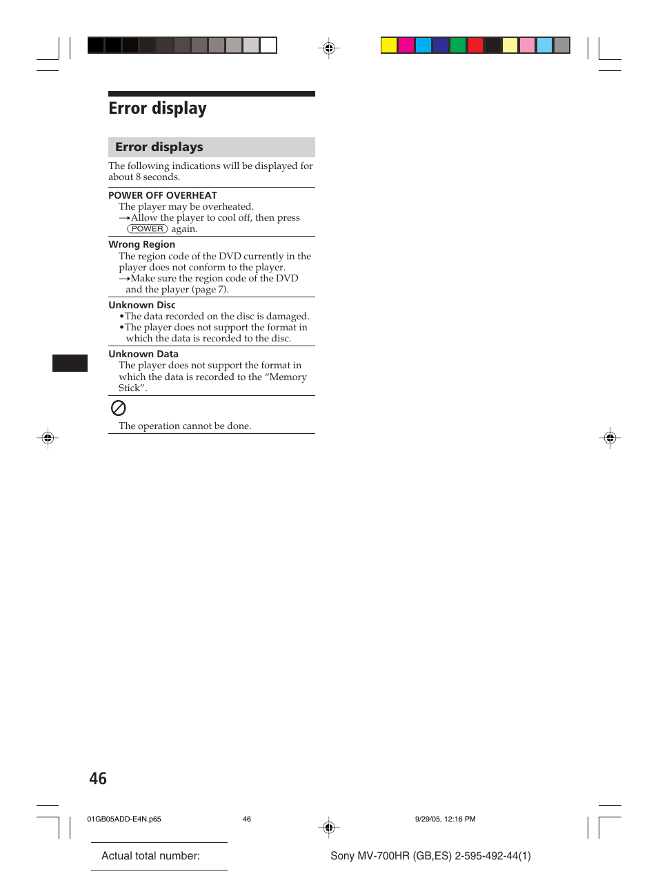 Error display | Sony Model MV-700HR User Manual | Page 46 / 96