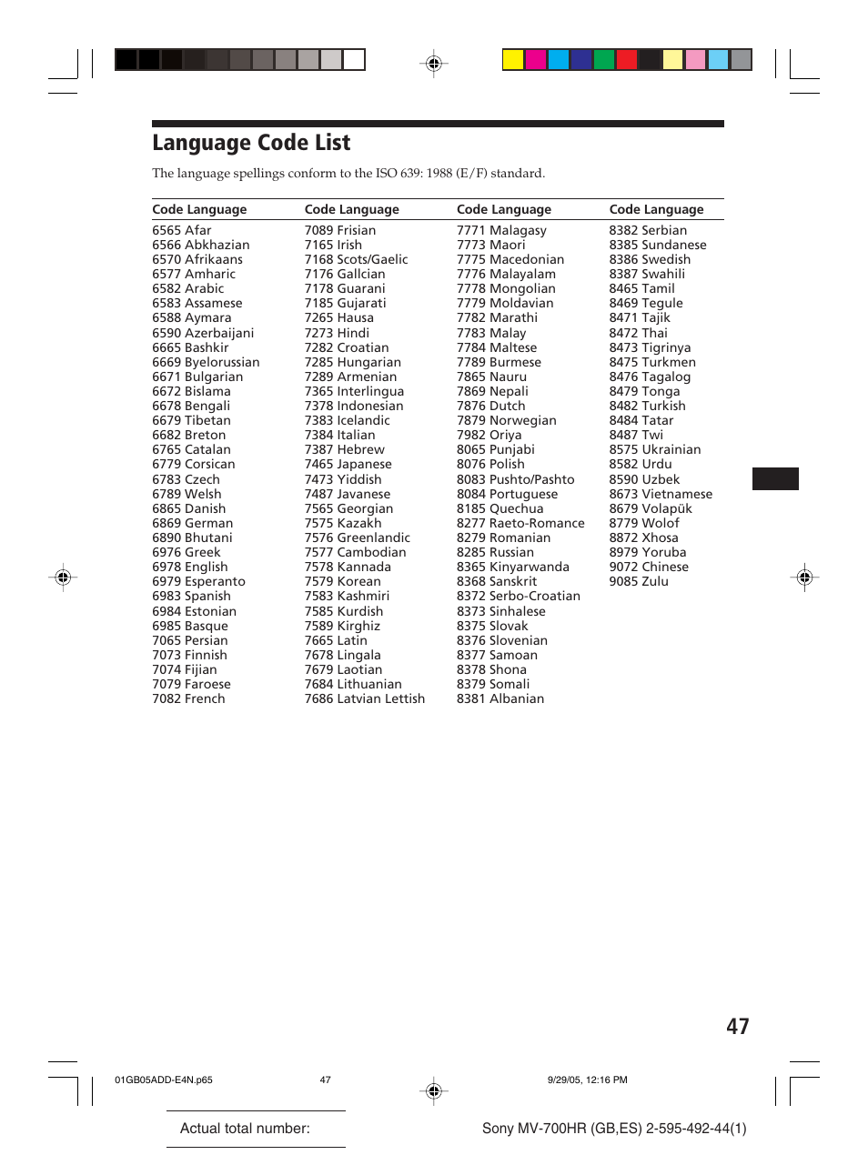 Language code list | Sony Model MV-700HR User Manual | Page 47 / 96