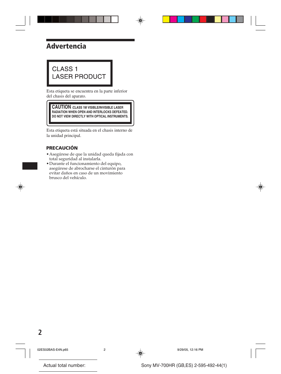 Advertencia | Sony Model MV-700HR User Manual | Page 48 / 96