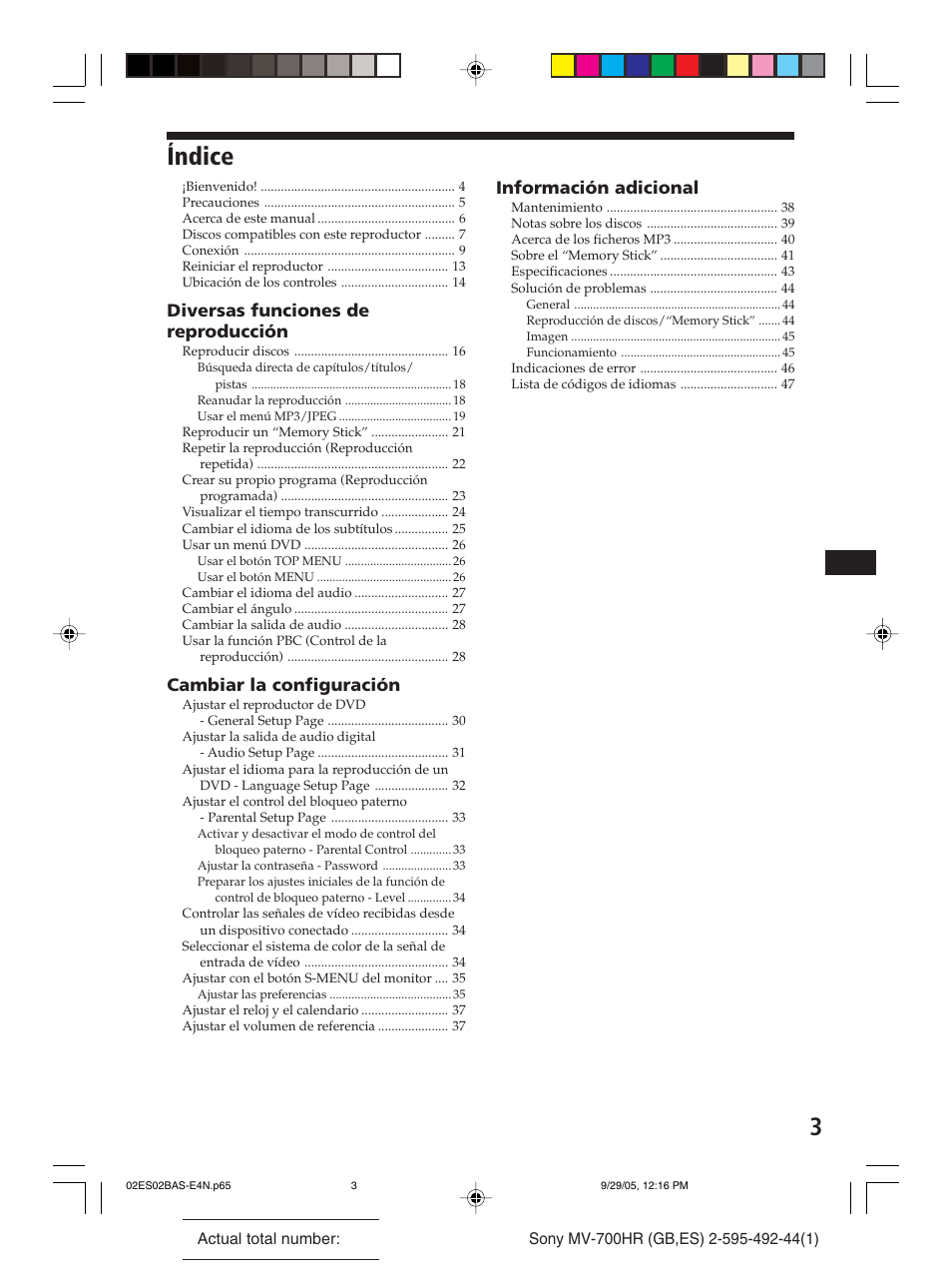 Índice, Diversas funciones de reproducción, Cambiar la configuración | Información adicional | Sony Model MV-700HR User Manual | Page 49 / 96