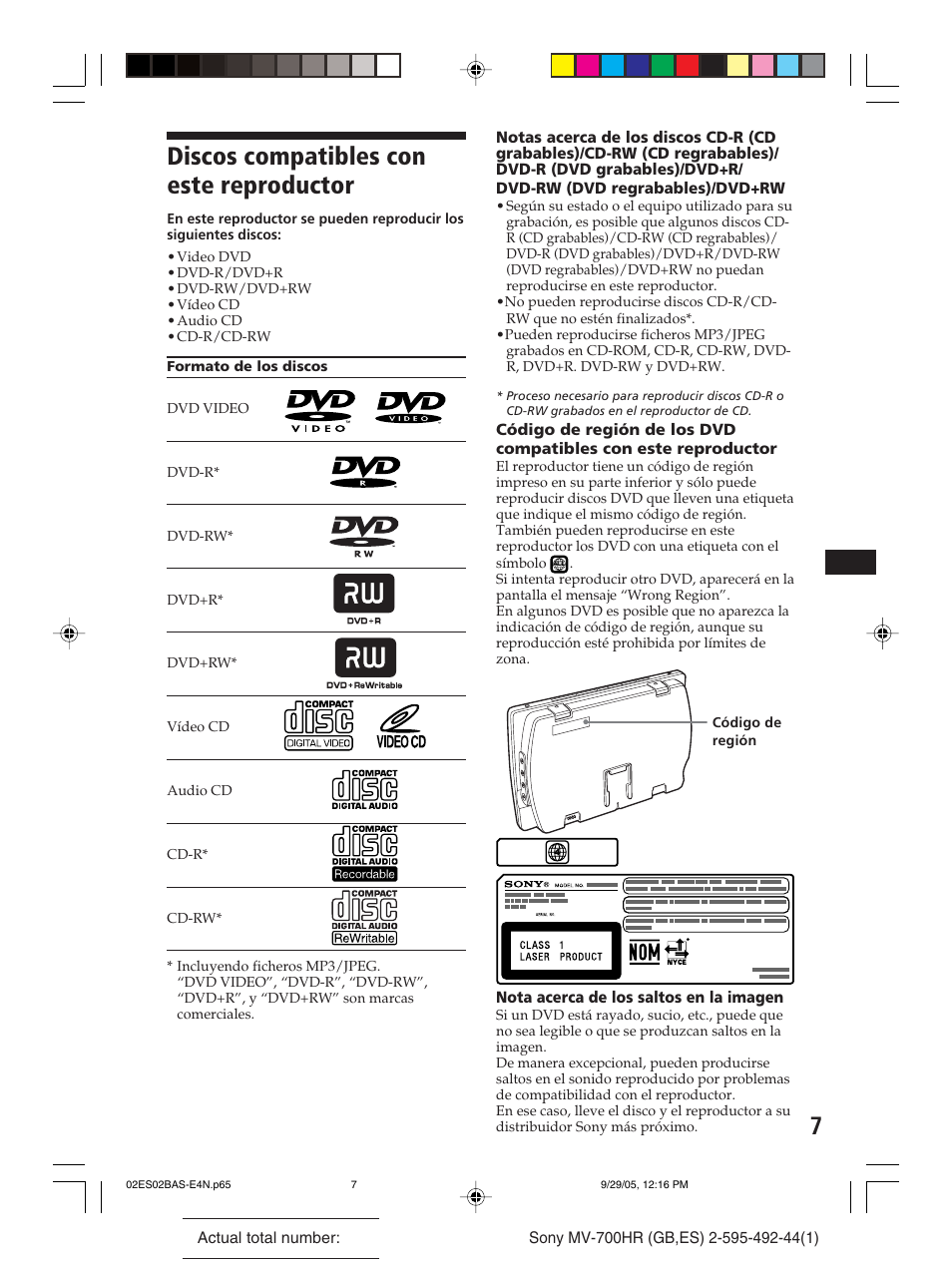 Discos compatibles con este reproductor | Sony Model MV-700HR User Manual | Page 53 / 96