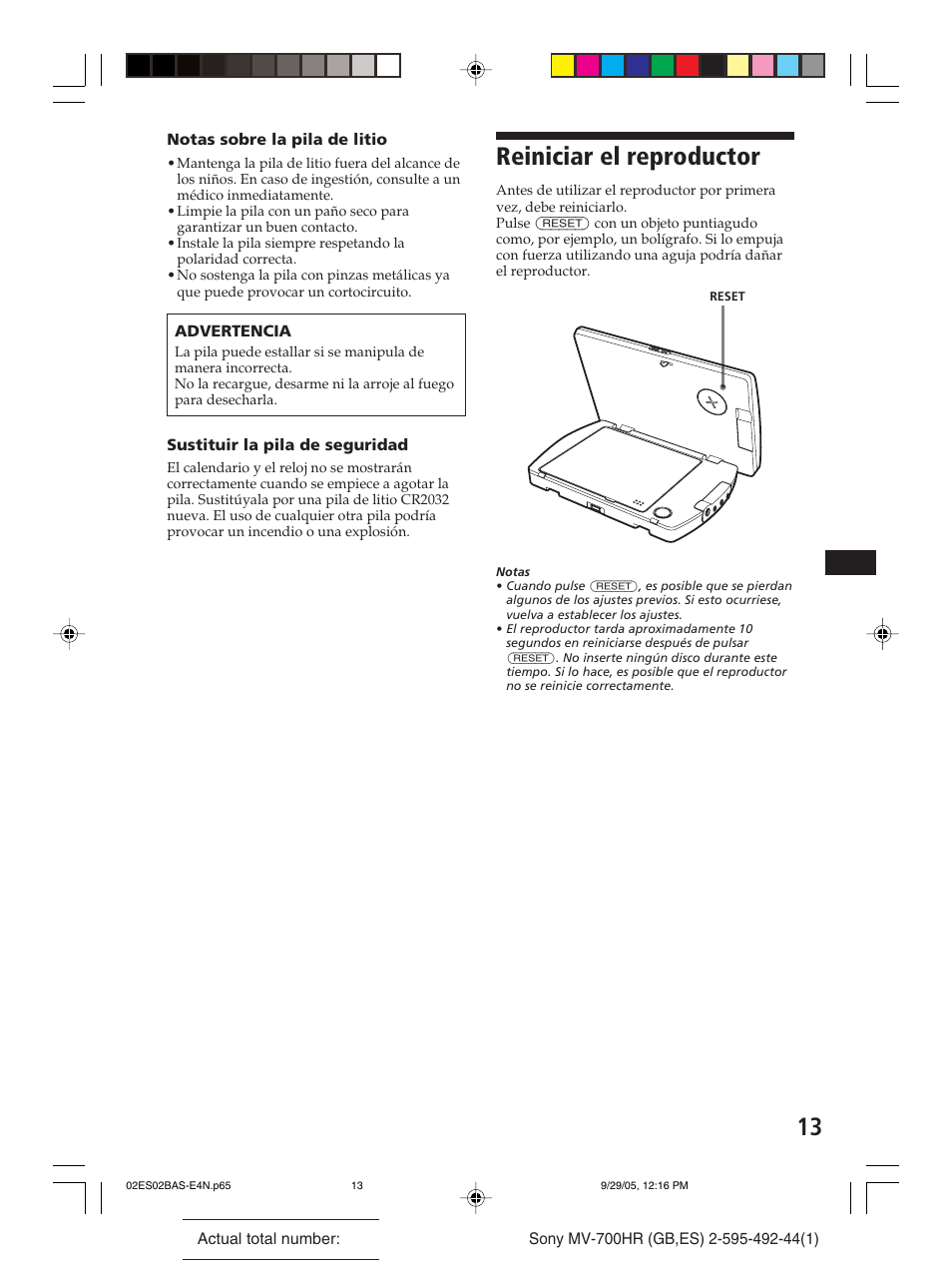 Reiniciar el reproductor | Sony Model MV-700HR User Manual | Page 59 / 96