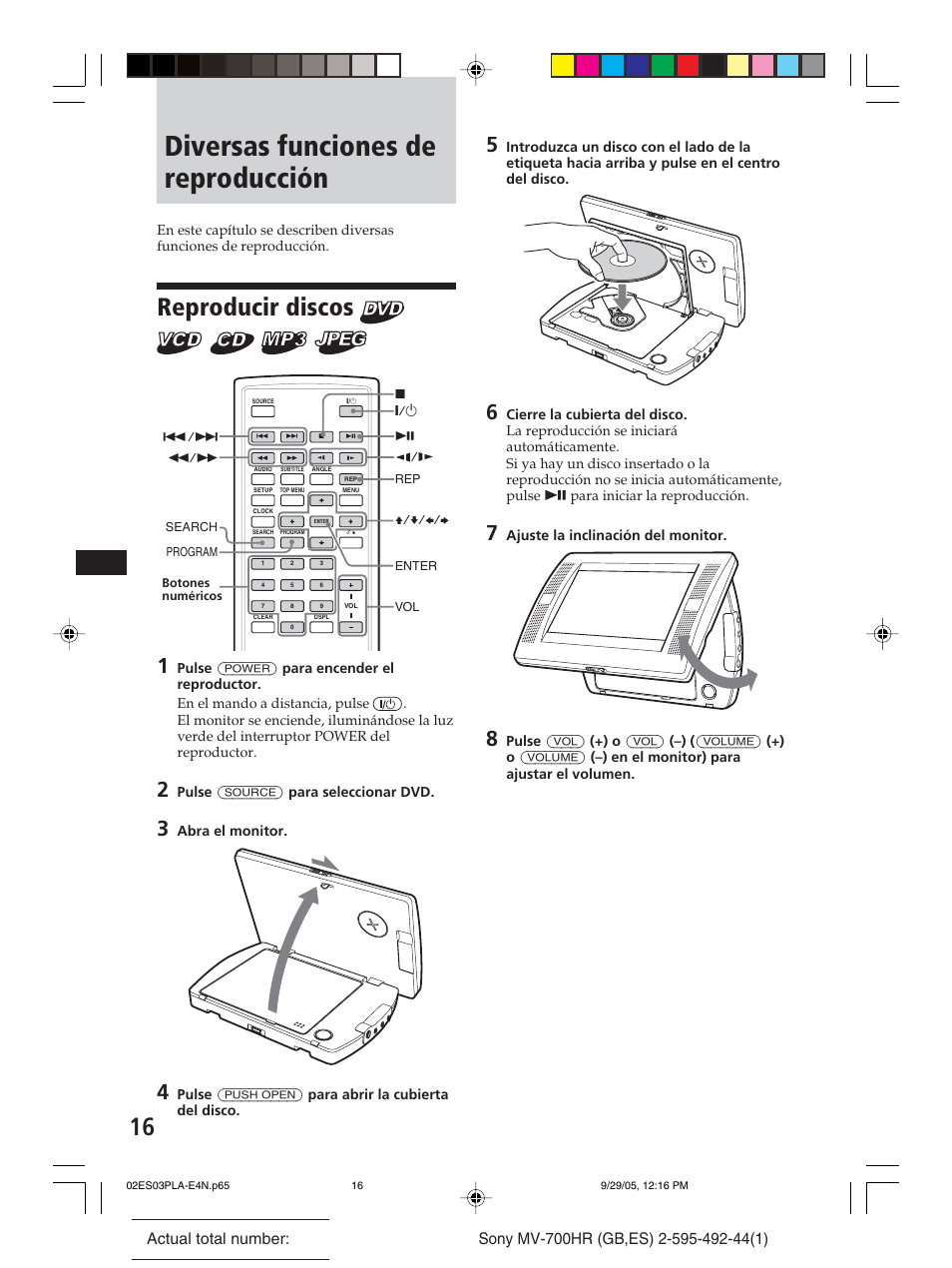 Diversas funciones de reproducción, Reproducir discos | Sony Model MV-700HR User Manual | Page 62 / 96