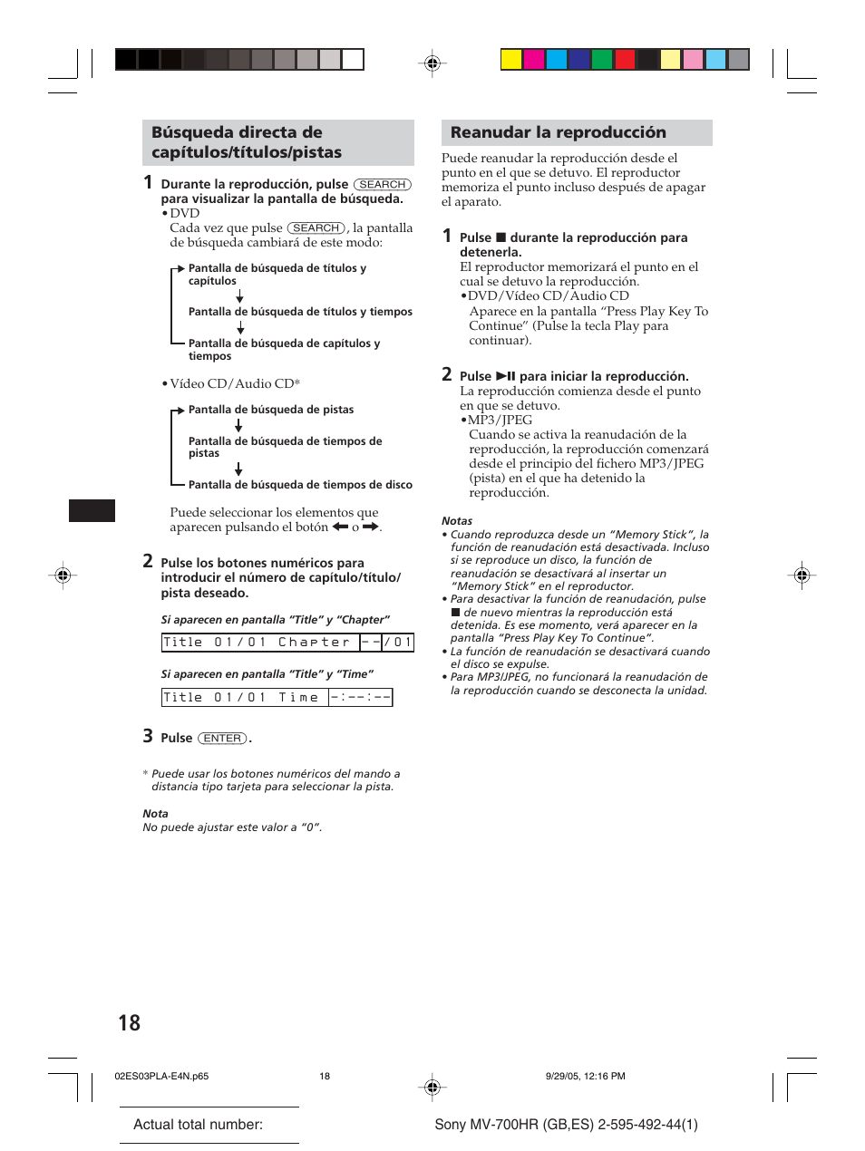 Búsqueda directa de capítulos/títulos/pistas, Reanudar la reproducción | Sony Model MV-700HR User Manual | Page 64 / 96