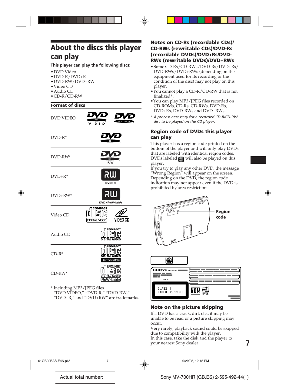 About the discs this player can play | Sony Model MV-700HR User Manual | Page 7 / 96