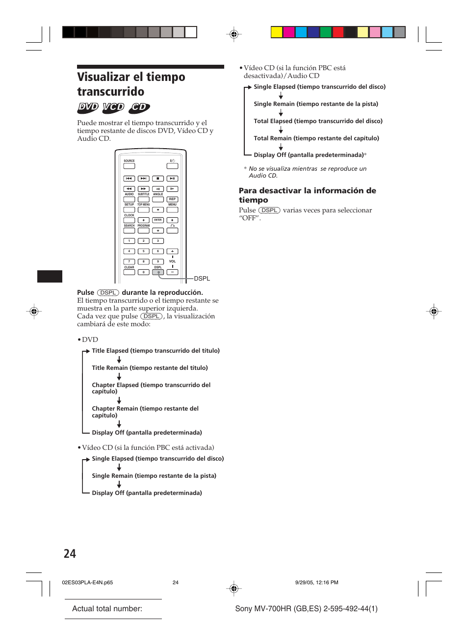 Visualizar el tiempo transcurrido, Para desactivar la información de tiempo, Pulse (dspl) varias veces para seleccionar “off | Vídeo cd (si la función pbc está activada) | Sony Model MV-700HR User Manual | Page 70 / 96