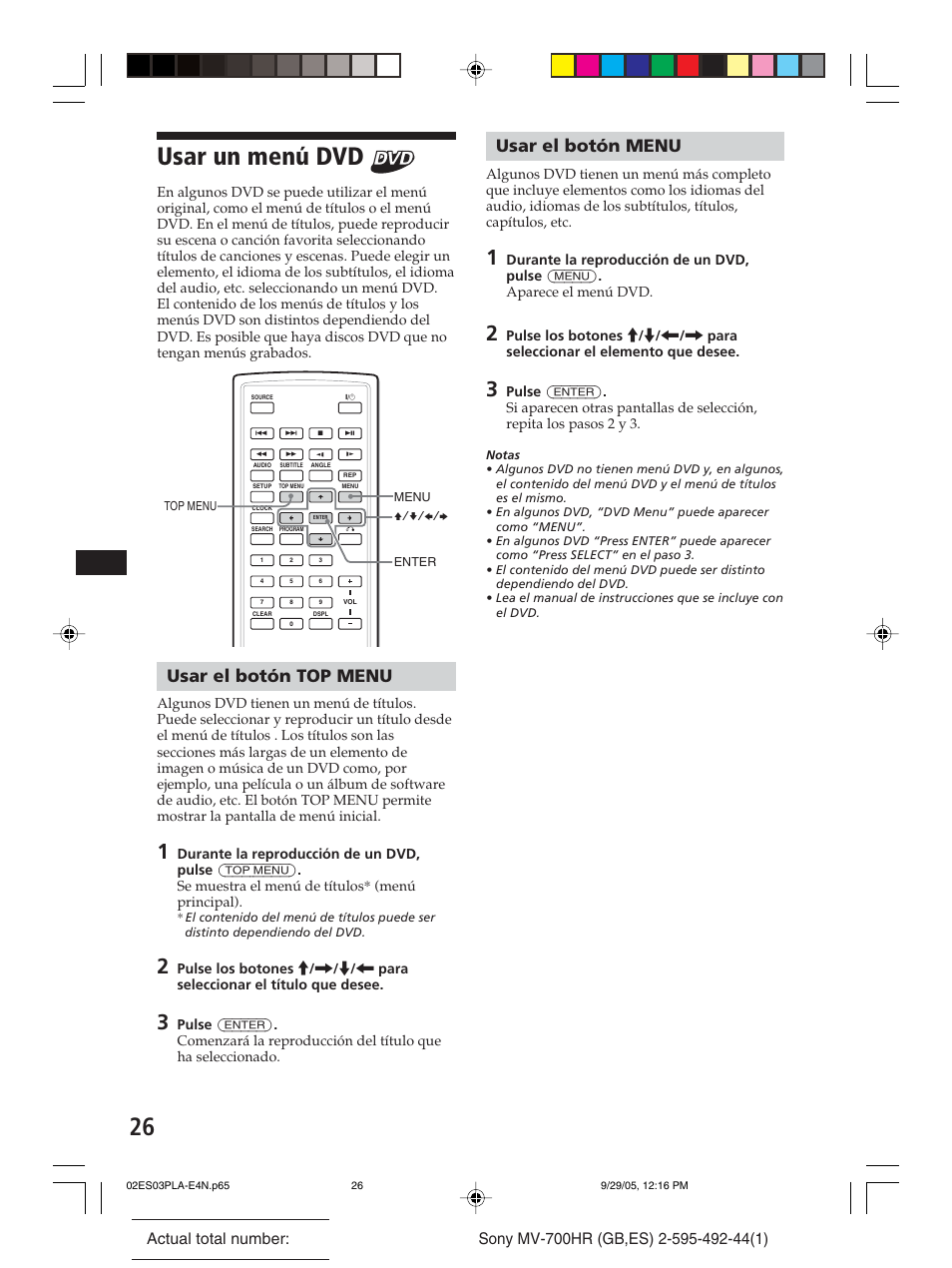 Usar un menú dvd, Usar el botón top menu, Usar el botón menu | Sony Model MV-700HR User Manual | Page 72 / 96