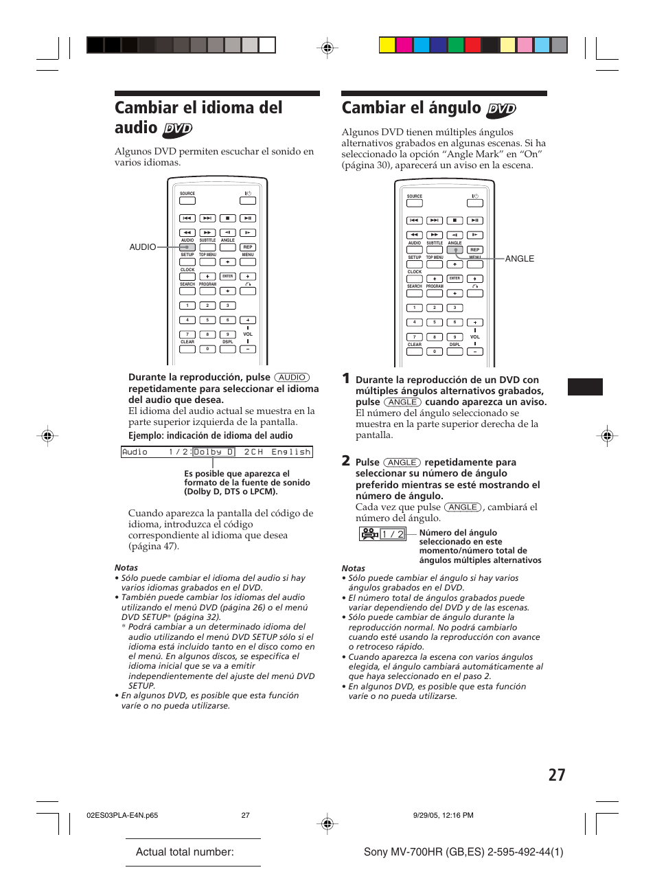 Cambiar el idioma del audio, Cambiar el ángulo | Sony Model MV-700HR User Manual | Page 73 / 96