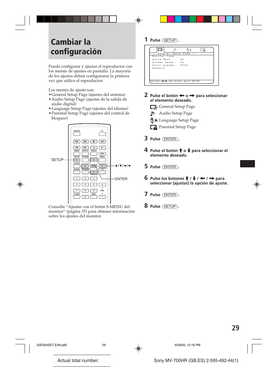 Cambiar la configuración, Pulse (setup), Pulse (enter) | Sony Model MV-700HR User Manual | Page 75 / 96