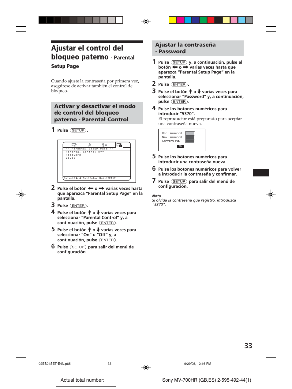 Ajustar la contraseña - password, Ajustar el control del bloqueo paterno | Sony Model MV-700HR User Manual | Page 79 / 96