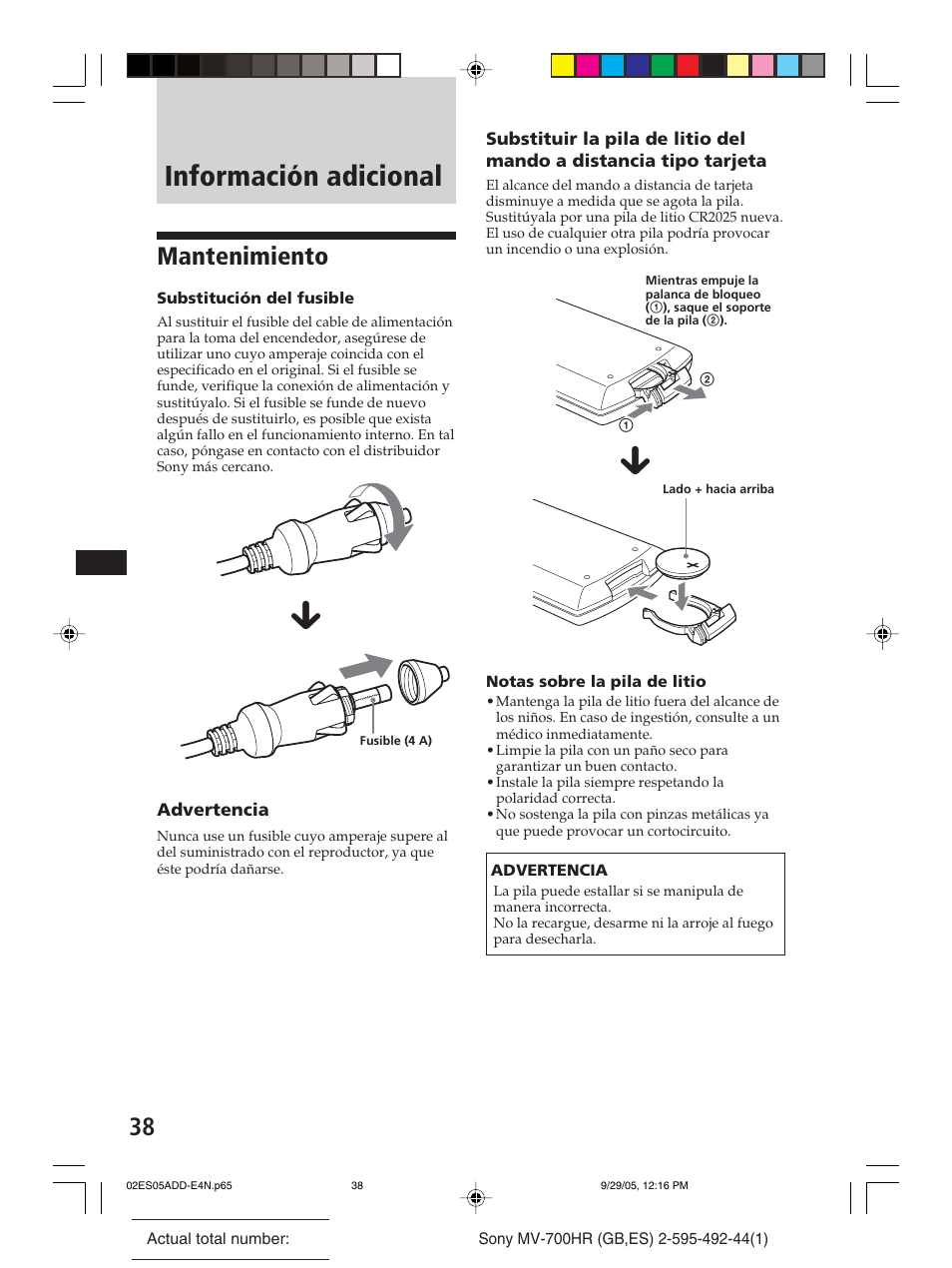 Información adicional, Mantenimiento | Sony Model MV-700HR User Manual | Page 84 / 96