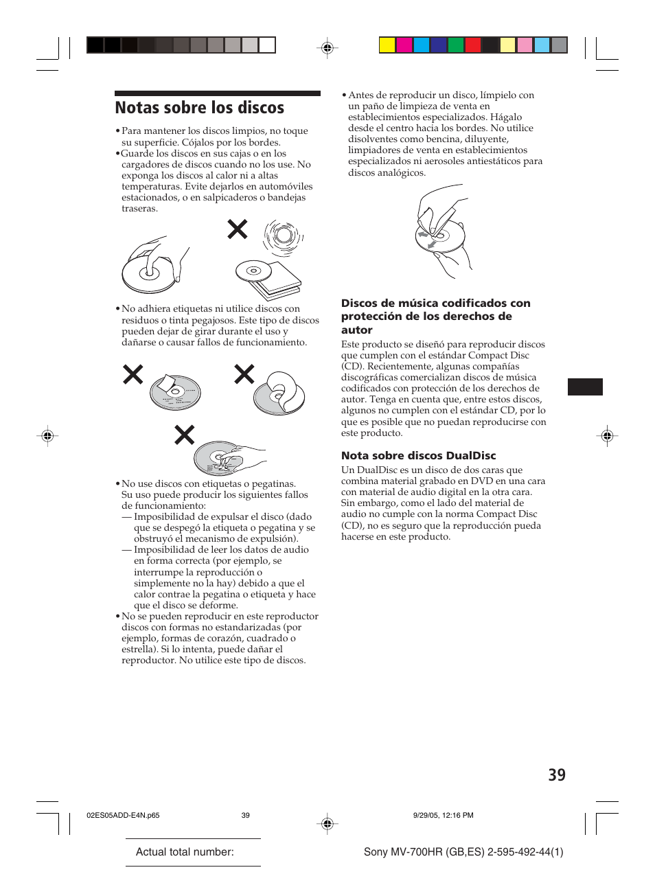 Notas sobre los discos | Sony Model MV-700HR User Manual | Page 85 / 96