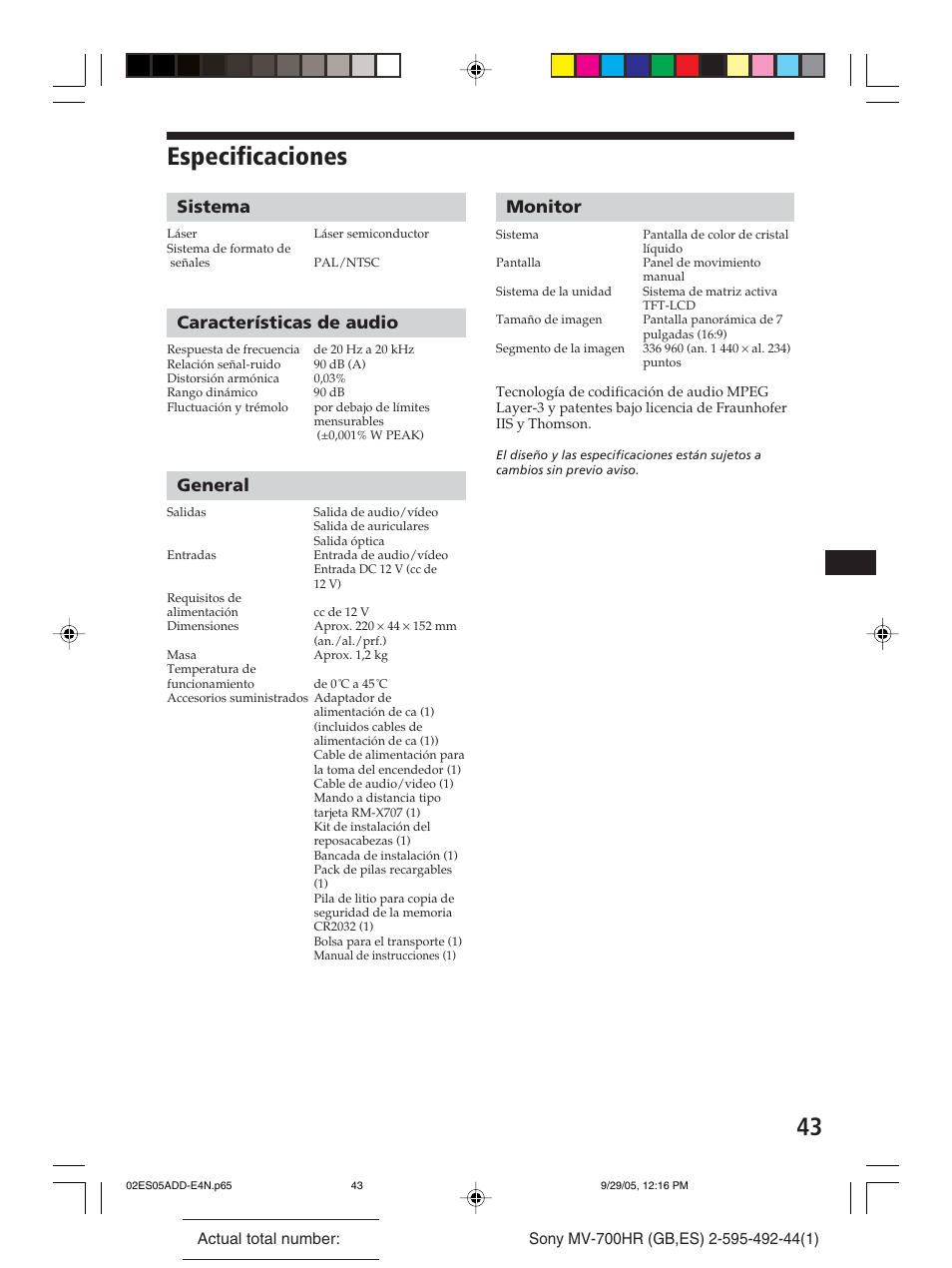 Especificaciones, Sistema, Características de audio | General, Monitor | Sony Model MV-700HR User Manual | Page 89 / 96