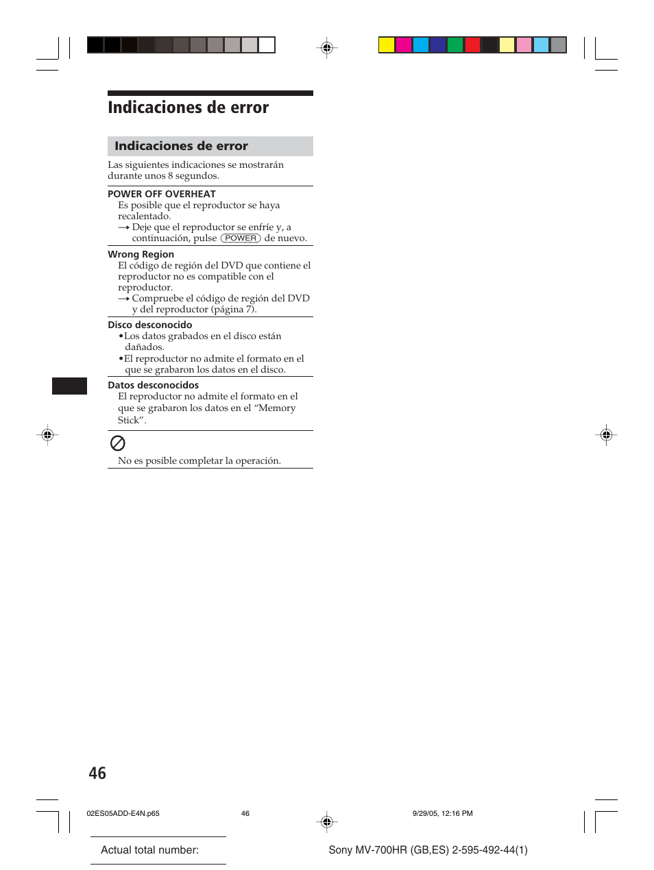 Indicaciones de error | Sony Model MV-700HR User Manual | Page 92 / 96