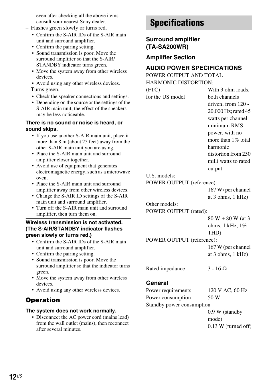 Specifications | Sony WAHT-SA20 User Manual | Page 12 / 44