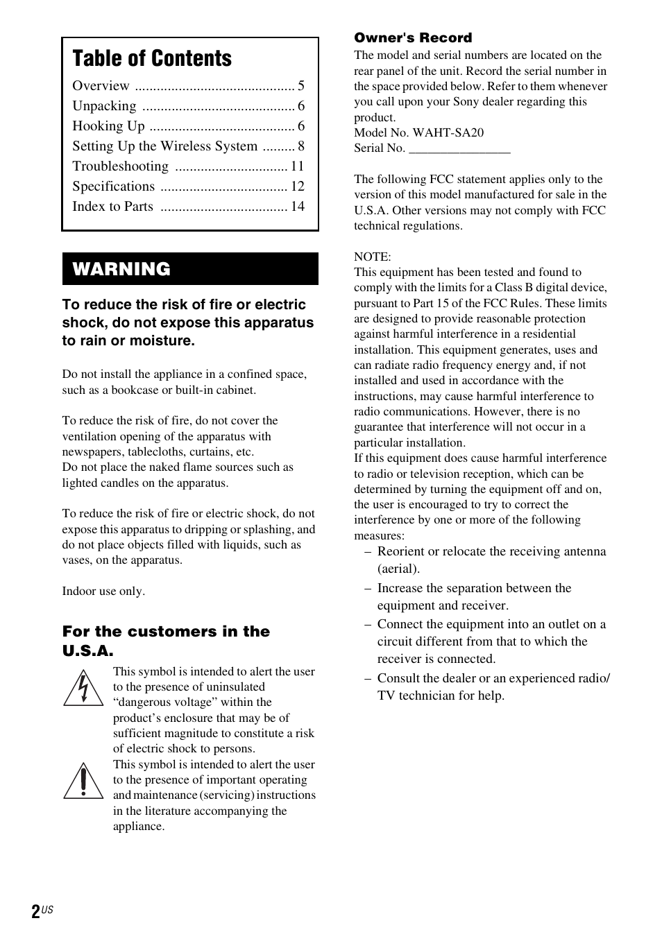 Sony WAHT-SA20 User Manual | Page 2 / 44