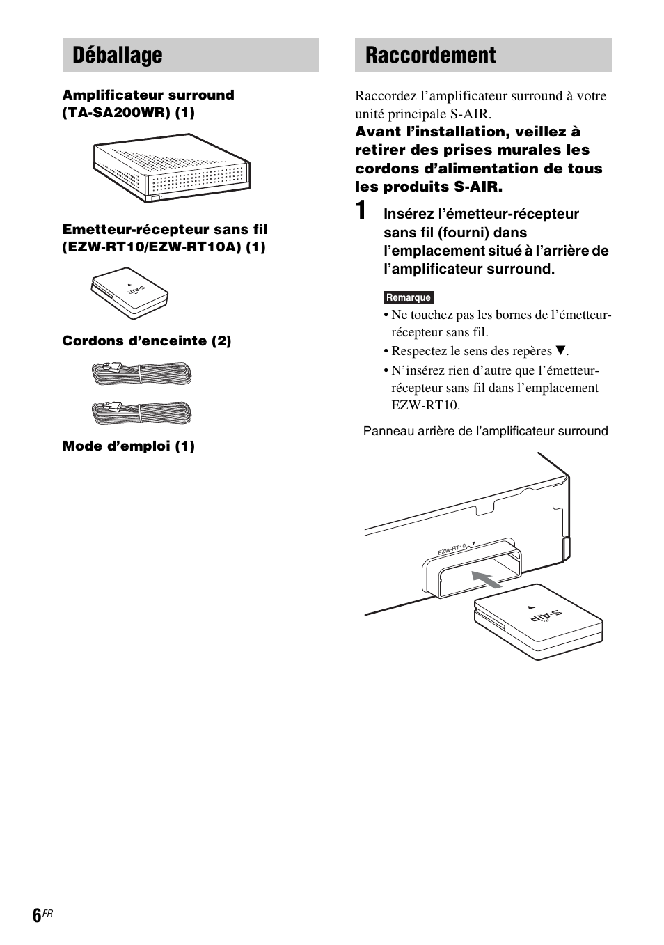 Déballage, Raccordement, Déballage raccordement | Sony WAHT-SA20 User Manual | Page 20 / 44