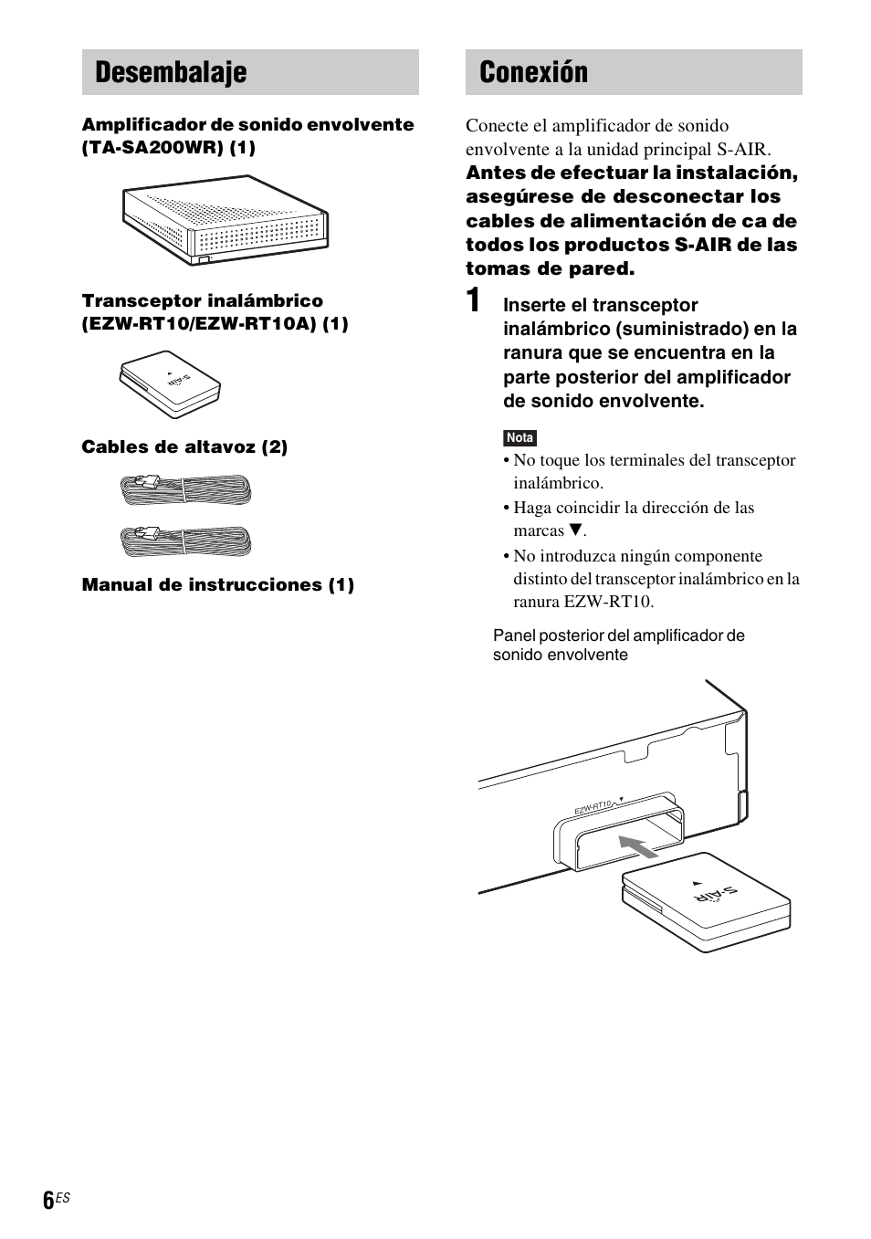 Desembalaje, Conexión, Desembalaje conexión | Sony WAHT-SA20 User Manual | Page 34 / 44