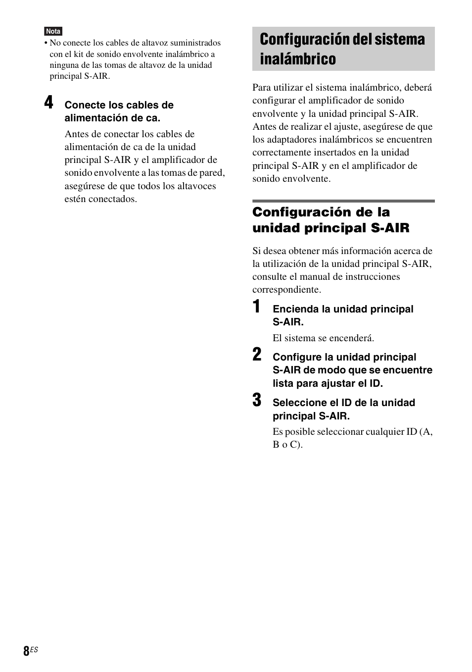 Configuración del sistema inalámbrico, Configuración de la unidad principal s-air | Sony WAHT-SA20 User Manual | Page 36 / 44
