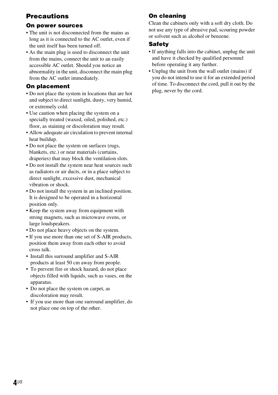 Precautions | Sony WAHT-SA20 User Manual | Page 4 / 44
