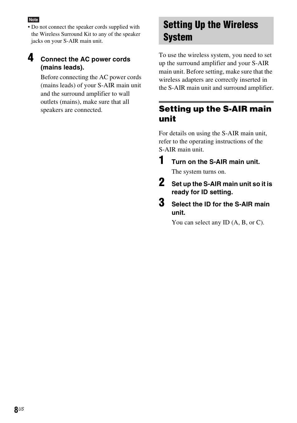 Setting up the wireless system, Setting up the s-air main unit | Sony WAHT-SA20 User Manual | Page 8 / 44