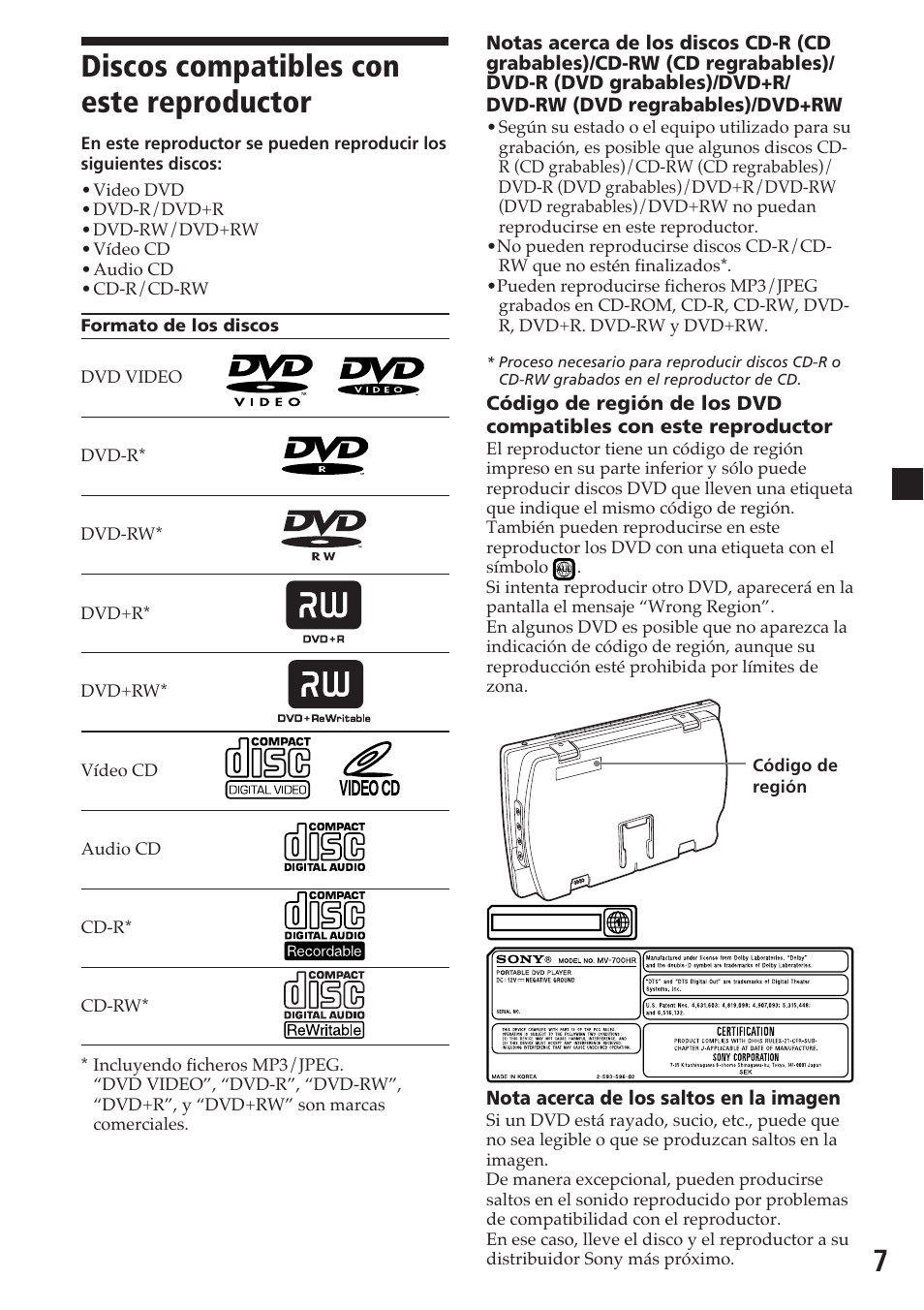 Discos compatibles con este reproductor, 7discos compatibles con este reproductor | Sony MV-700HR User Manual | Page 103 / 148