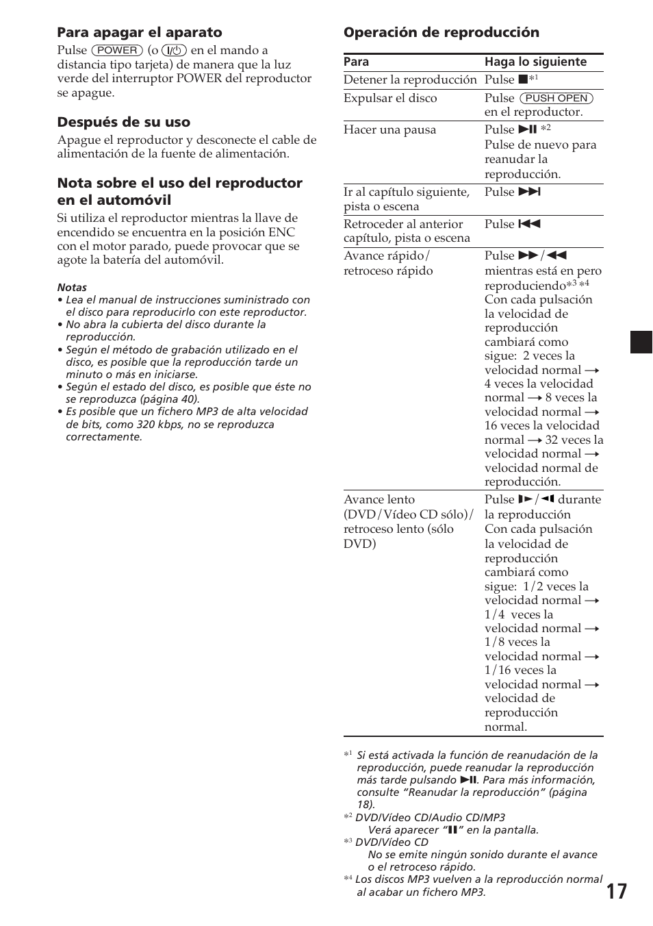 Para apagar el aparato, Después de su uso, Nota sobre el uso del reproductor en el automóvil | Operación de reproducción | Sony MV-700HR User Manual | Page 113 / 148