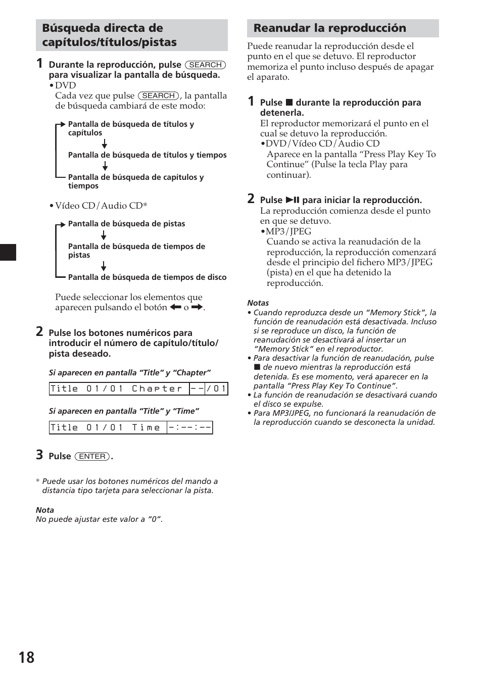 Búsqueda directa de capítulos/títulos/pistas, Reanudar la reproducción | Sony MV-700HR User Manual | Page 114 / 148