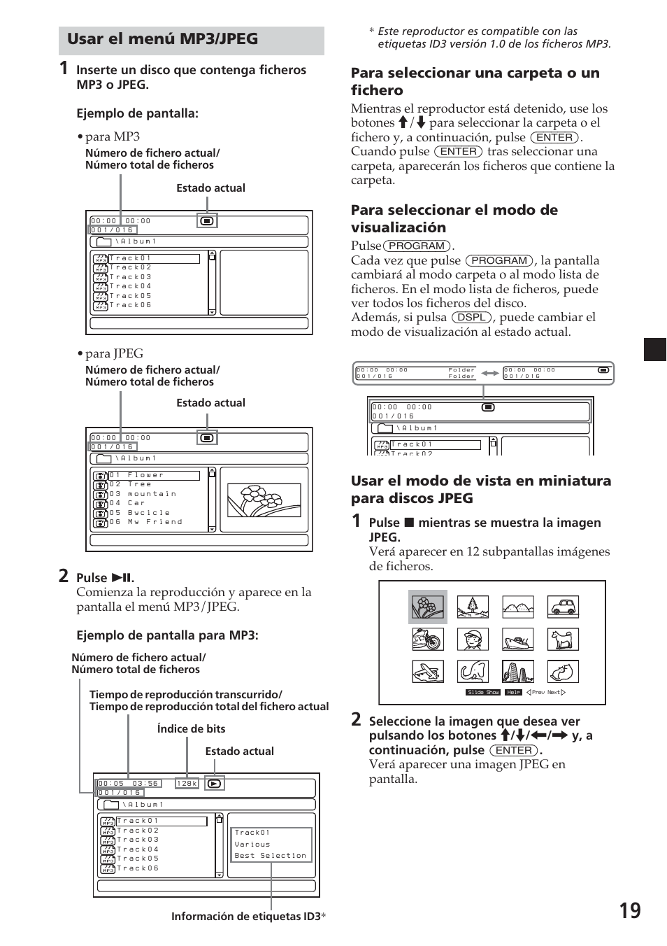 Usar el menú mp3/jpeg, Para seleccionar una carpeta o un fichero, Para seleccionar el modo de visualización | Para jpeg | Sony MV-700HR User Manual | Page 115 / 148