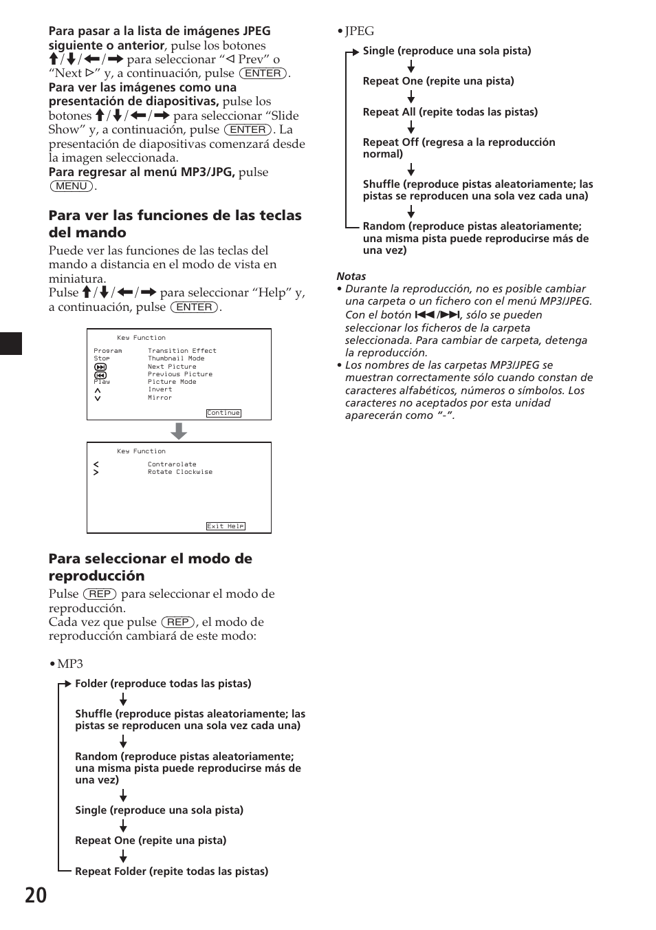 Para ver las funciones de las teclas del mando, Para seleccionar el modo de reproducción, Jpeg | Sony MV-700HR User Manual | Page 116 / 148